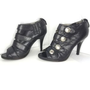 COACH Brandie Black Leather Silver Logo Button PeepToe Booties WornButNotWornOut